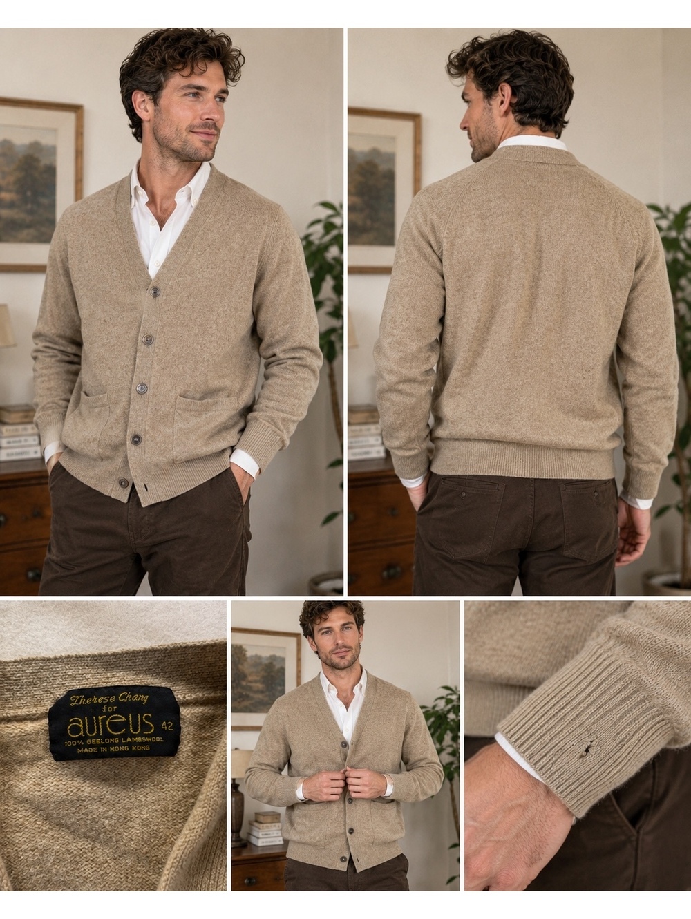 Vintage Aureus Therese Giang 100% Geelong Lambswool Cardigan Sweater 42 Tan